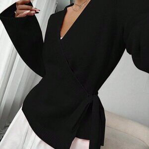 Black Casual Women's Lace-Up Loose Versatile knit Cardigan